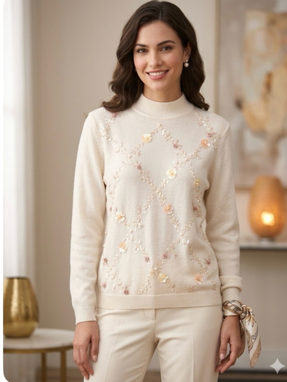 ALFREDO DUNNER Cream Embellished Turtleneck Sweater size XL